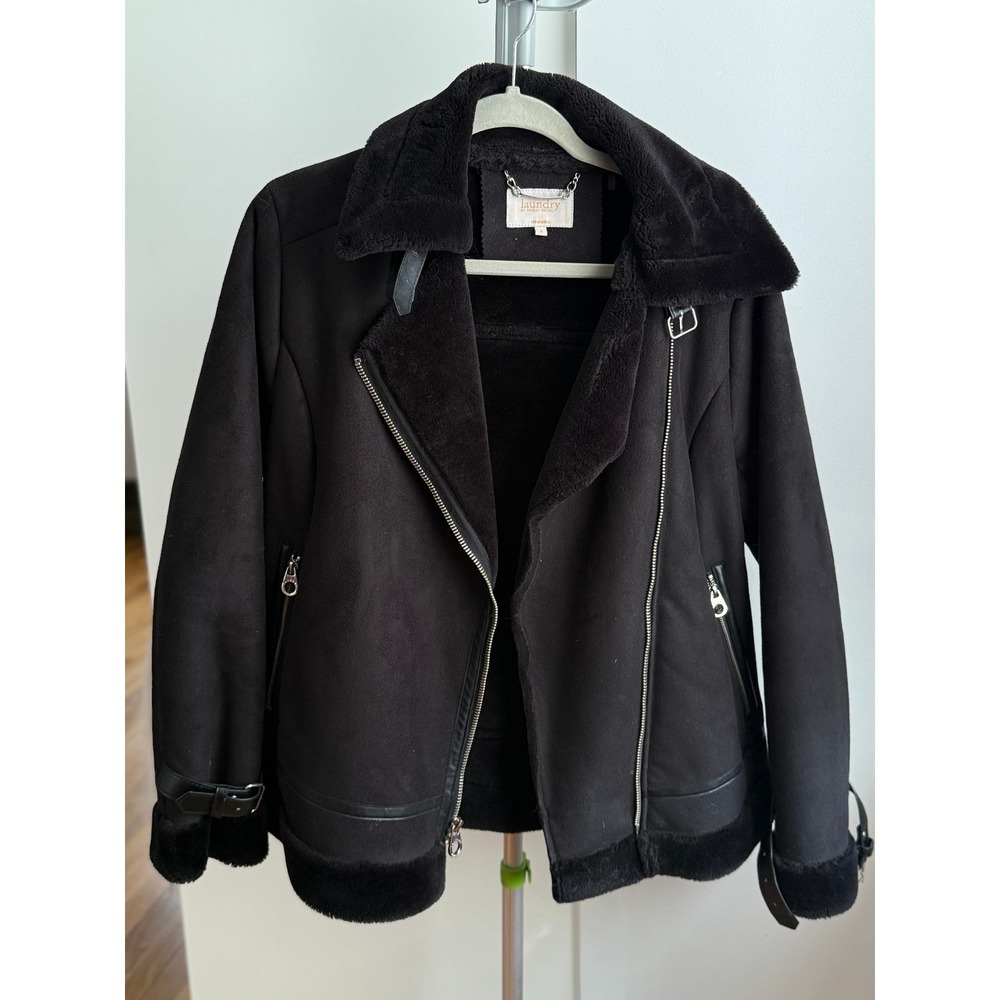 Black Faux Suede Fur Lined Moto Biker Jacket /‎ Small